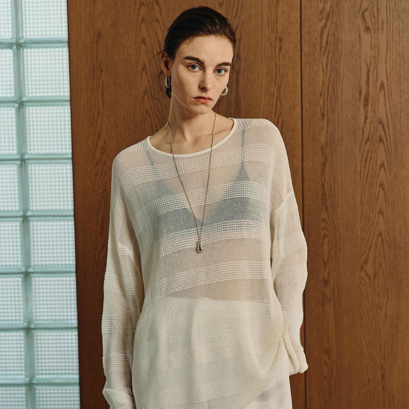 Summer Thin Striped Knit Sweater for Women, Loose and Casual Style, Sun Protection Cover-Up, Breathable Layering Top, Women's Clothing