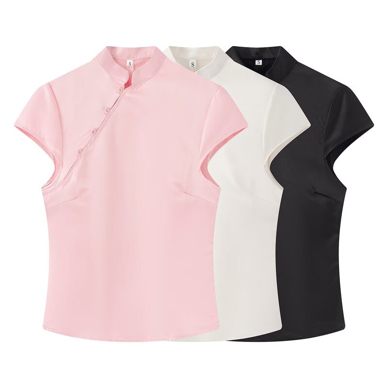 2026 Pb&Za New Cross-Border European and American Foreign Trade Style Chinese-Style Silk Satin Texture Short-Sleeve Shirt with Side Buttons