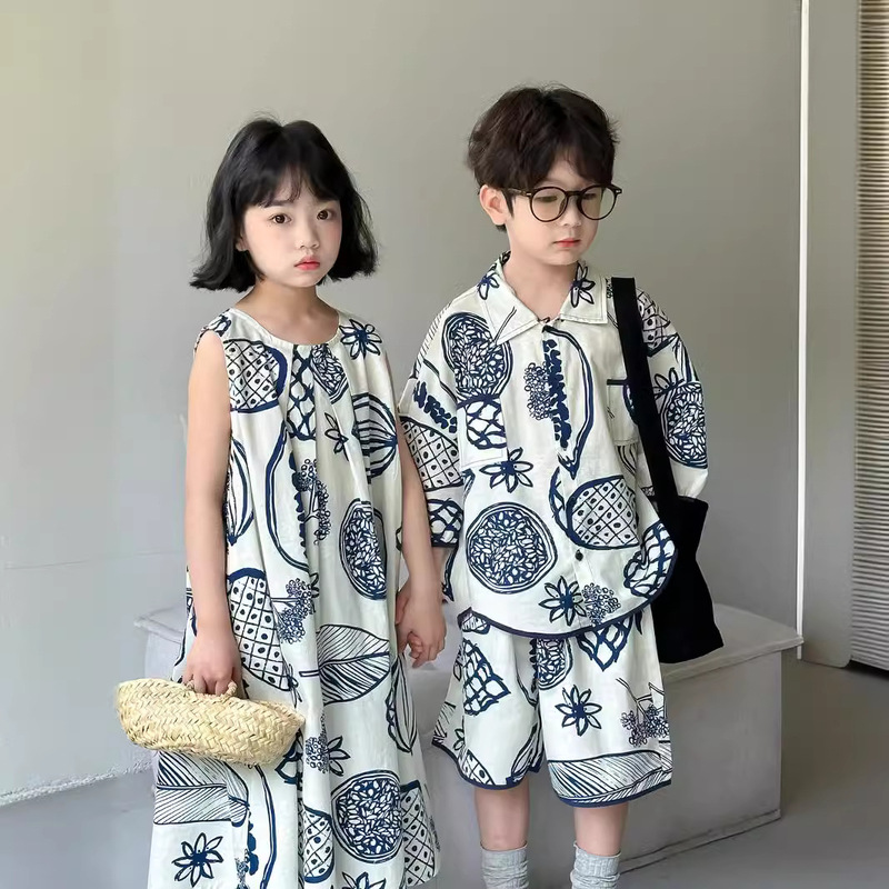 2025 Summer Western Style Brothers and Sisters Casual Korean Style Boys' Cotton Shirt Shorts suit Girls' Sleeveless dress