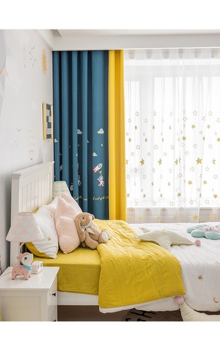 New children's room curtains with environmental protection, light-blocking, cotton-linen, cartoon-style, cute and playful, stereoscopic embroidered, floor-standing light-blocking curtains