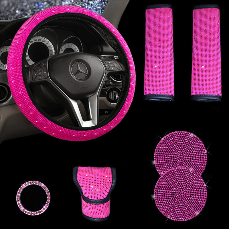8-Piece Car Diamond-Encrusted Decorative Set: Steering Wheel Cover, Ignition Ring, Seat Belt Shoulder Pads, Cup Mat, Gear Shift Cover