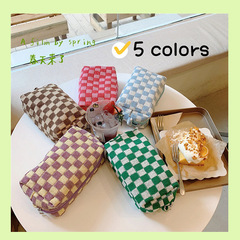 11173 Korean Instagram Knit Checkerboard Makeup Bag Color-blocked Wool Lattice Storage Organizer Pouch Student Pen Pouch
