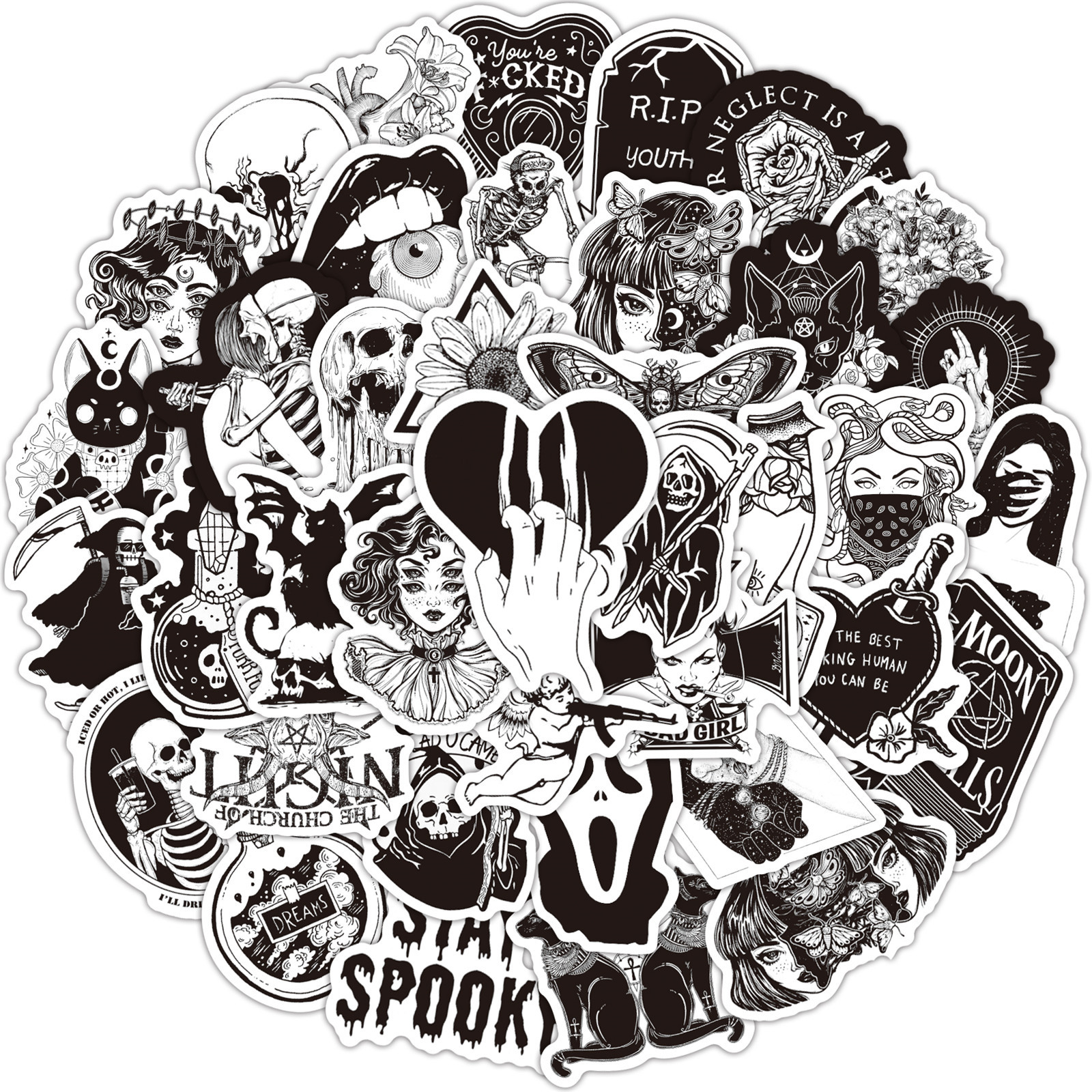50 pegatinas góticas en blanco y negro bruja cráneo pegatinas de graffiti scooter guitarra taza de agua caja de la carretilla pegatinas de ordenador
