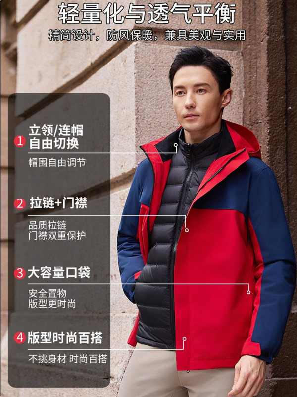 高端羽绒三合一冲锋衣工作服印logo加绒防水可拆卸两件套定 制|undefined