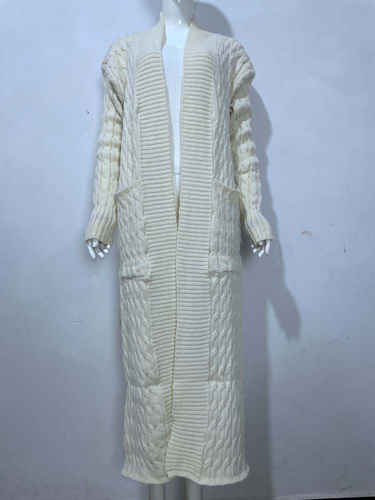 Damen-Strickjacke mit langen Ärmeln, einfarbig, langer Pullover, dicker Mantel_voghion.com