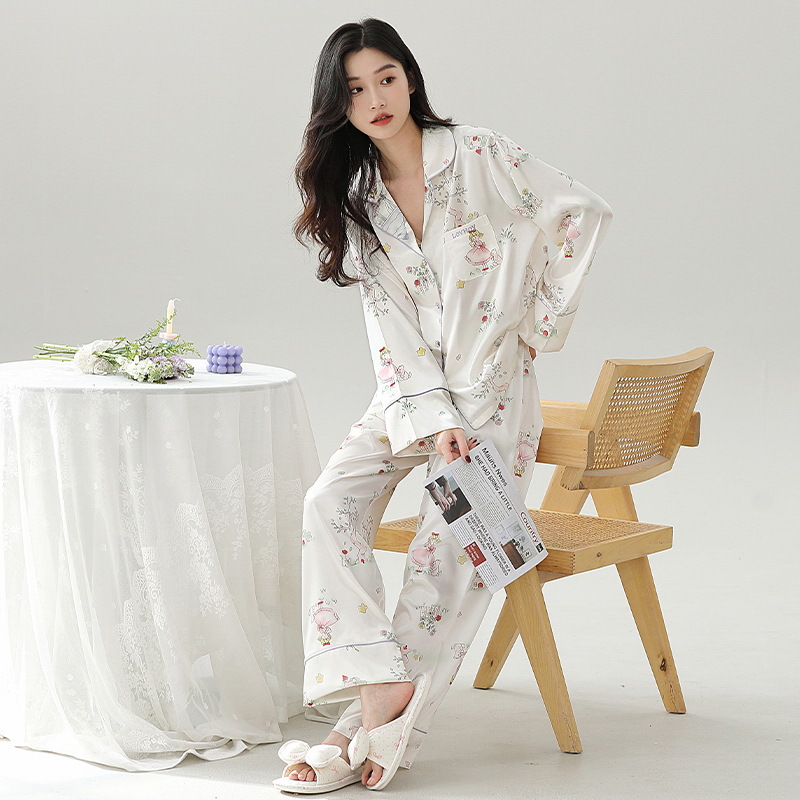 春夏季冰丝睡衣新款上新舒适凉爽套装休闲开衫长袖印花女士家居服