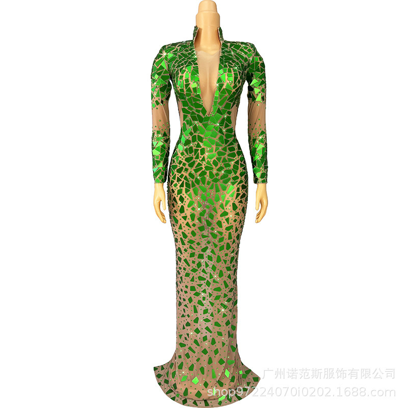 Niche Design Mirror Sequin Stand-Collar Elegant Dress Company Annual Meeting Evening Gown Miss Universe Pageant Dress
