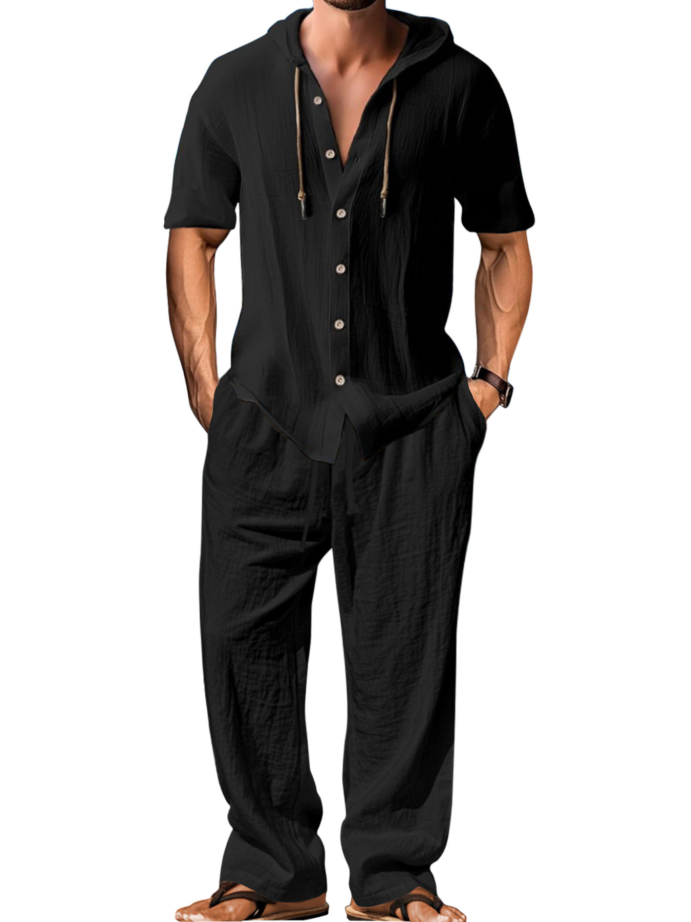 Transfronterizos Amazon Europa y Estados Unidos hombres trajes deportivos casuales con capuzas camisas de mangas largas de algodón y lino sueltas pantalones largos trajes para hombres