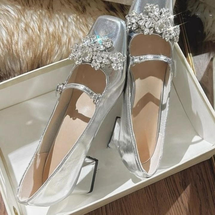 Square Toe Single-layer Shoes Rhinestone Thick Heel Shoes Women's 2024 New Summer One-word Buckle silver French Mary Jane Shoes