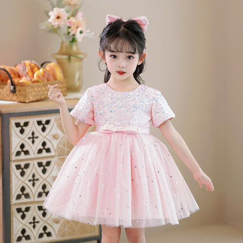Children's dress mesh sequins fluffy princess dress flower girl dress host dress piano performance short-sleeved summer