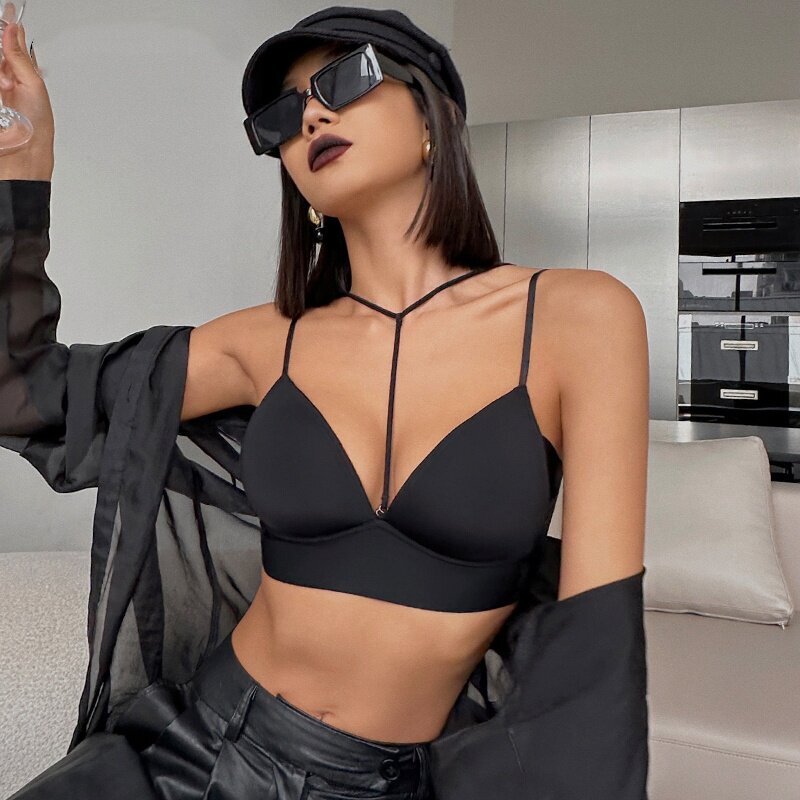 Women's Halter Neck Summer Thin Seamless Wireless Bra Set, Large Bust Minimizing, Beautiful Back, Sexy Triangle Cup Bra