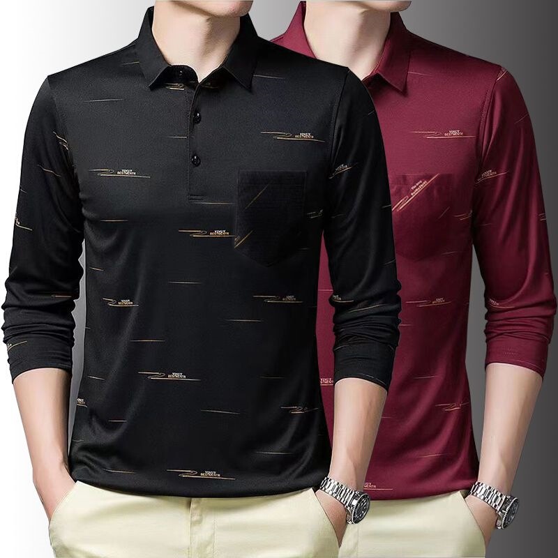 Nuanfenglai Middle-Aged and Elderly Men's Long-Sleeve Polo Shirt with Real Pockets, Collared T-Shirt, Striped Base Shirt for Middle-Aged Men Nuanfenglai Middle-Aged and Elderly Men's Long-Sleeve Polo Shirt with Real Pockets, Collared T-Shirt, Striped Base Shirt for Middle-Aged Men