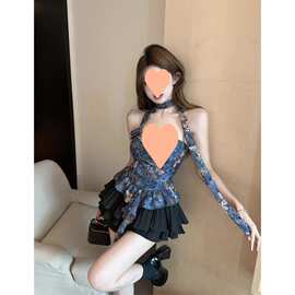 【原版】法式蝴蝶花朵印花抹胸背心女夏季辣妹挂脖短款绝美上衣
