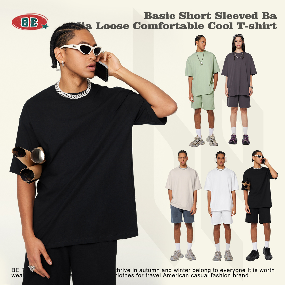 Ropa para Hombre BE | Camiseta de Marca Moderna y Holgada de Manga Corta con Borde Deshilachado, Color Sólido, Sensación Fresca, 230G, Primavera/Verano 2025, para Hombre