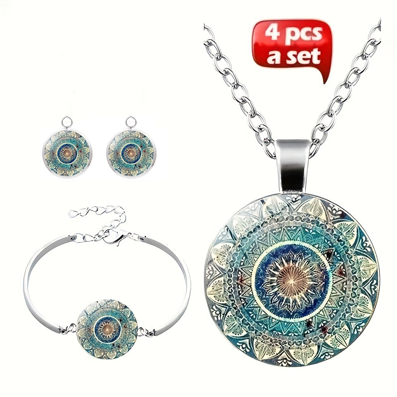 Cross-border bestseller 4-piece set: Mandala flower pattern time gemstone round necklace, bracelet, earrings, fashion accessories