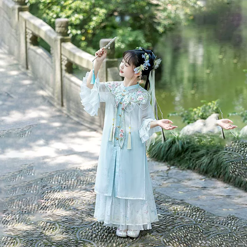 Детский костюм Hanfu для девочек в стиле династии Мин, новый детский костюм Hanfu Heavy Craft Cloud Shoulder Super Fairy, платье принцессы в китайском стиле.