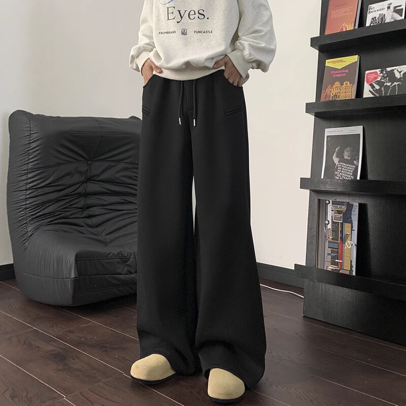 American-style gray sweatpants, fashionable heavyweight pants for men, casual loose-fitting straight-leg wide-leg athletic long pants for men