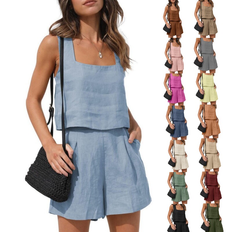 2025 New European and American Foreign Trade Women's 2-Piece Casual Suit Linen Shorts Sleeveless Top Vest