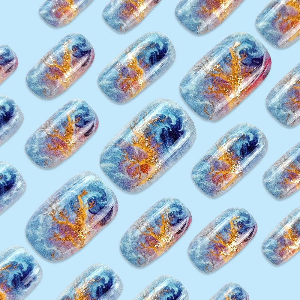 Pegatinas para uñas con rayas de llama roja y azul, puntas de uñas cuadradas con purpurina, 24 piezas de puntas de uñas transfronterizas que se pueden usar
