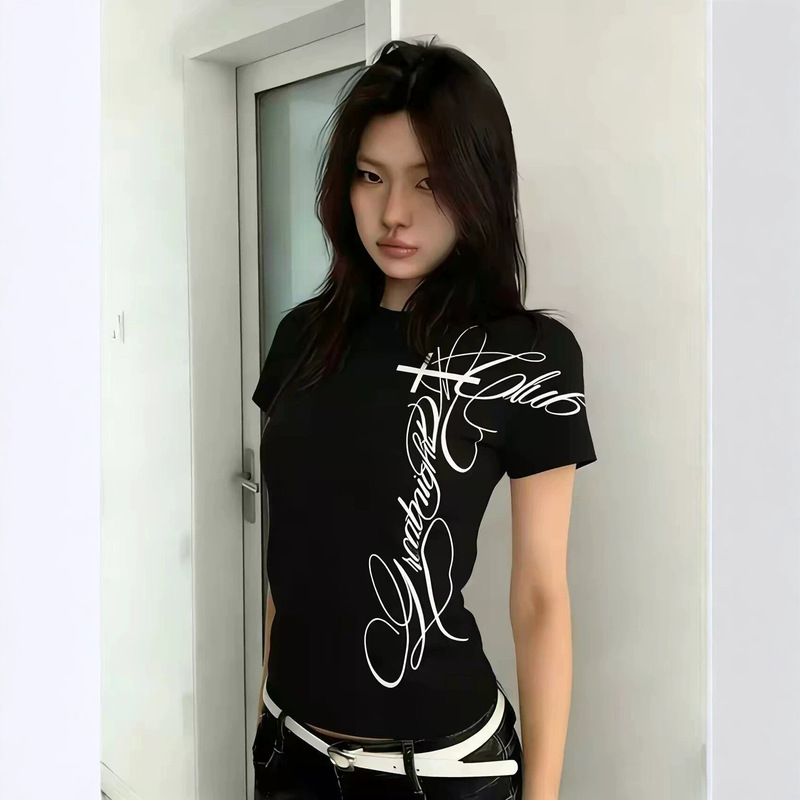 [210g 40-Count Fine Cotton 1*1] American-Style Letter Print Jazz Shoulder-Length Short-Sleeve T-Shirt for Women, Trendy Top