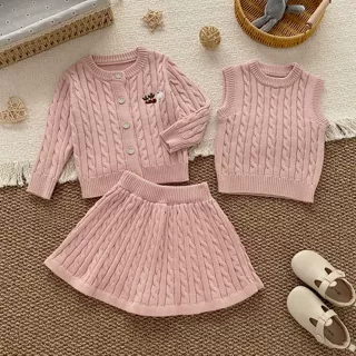 女童套装定制秋冬季A类纯棉1-3岁婴幼童开衫马甲裙子三件套改logo