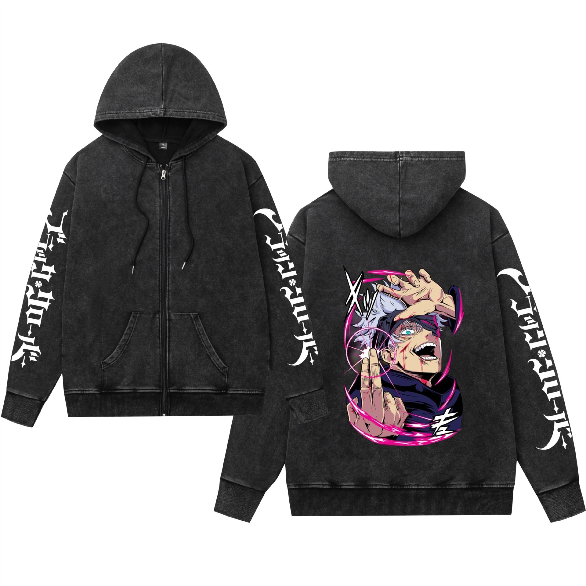 Comercio exterior lavado y desgastado suéter retro con capucha cremallera trébol de cuatro hojas negro estampado hombres y mujeres