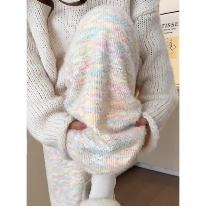 Pregnant Women's Rainbow Glutinous Rice Pants Wide Leg Pants Spring and Autumn Outer Wear 2024 New Rainbow Bubble Knitted Leggings