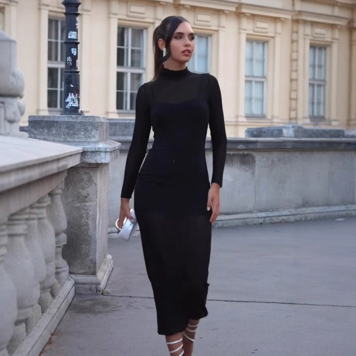 Cross-Border European and American Style Slim High-Neck Long-Sleeved Dress with Sequins and Sparkling Temperament Long Skirt