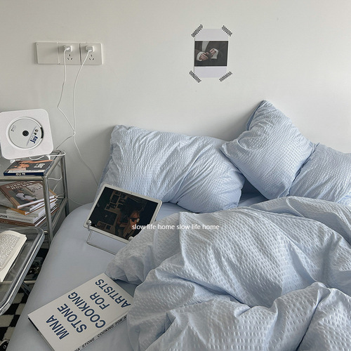 ins simple light blue waffle washed cotton bed four-piece dormitory bed sheet three-piece set summer Nantong bedding