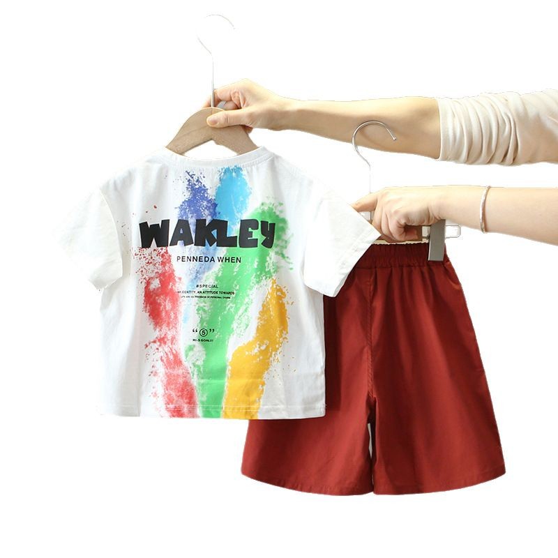 7854 traje de verano para niños 2025 nuevo estilo fresco y guapo ropa de verano para bebés de dos piezas de manga corta de moda para niños