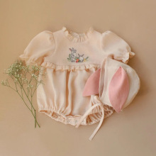 2025夏季婴童短袖棉麻爬服三角哈衣包屁衣童装连体裤ins兔子绣花