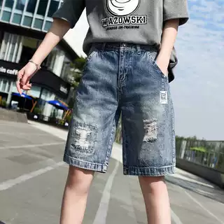 高腰破洞牛仔短裤女2025新款宽松五分裤中裤女外穿韩版潮显瘦百搭