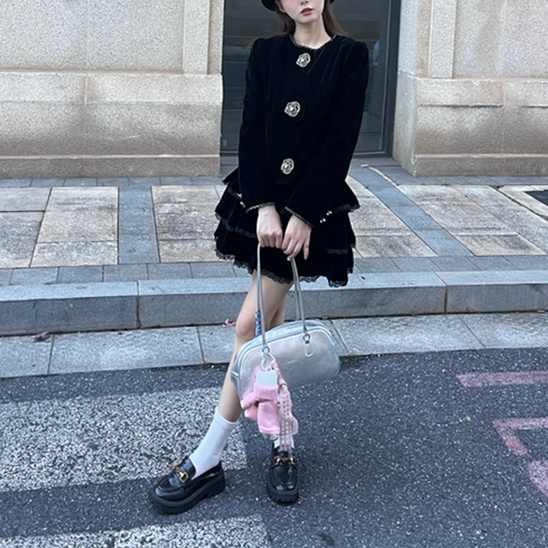 【黑金3.0】复古丝绒金线刺绣秋季气质外套拼蕾丝花边蛋糕短裙女|undefined