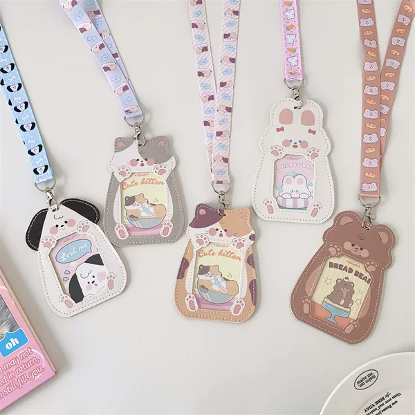 Cute Pet Pu Card Holder with Lanyard Work Card Student Meal Card Access Card Id Protective Cover Hanging Neck Bus Card