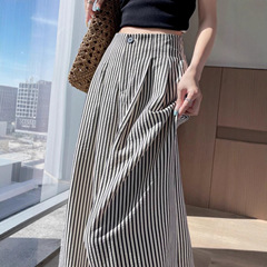 冰丝棉麻条纹阔腿裤女2025新款夏季薄款高腰显瘦西装直筒休闲裤子