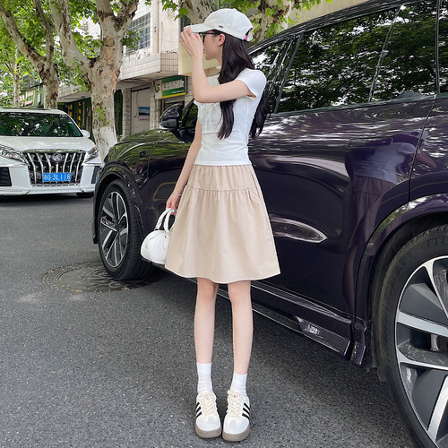 Women's Summer New College Style Loose Solid Color A-Line Five-Foot Skirt with High-Waist Splicing and Versatile Design