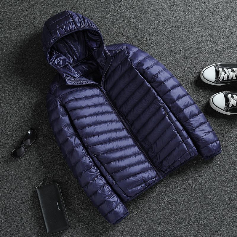Herrenbekleidung Leichte Jacke aus Seide und Baumwolle für Herren 2023 Winter neue leichte weiße Entenseide-Baumwoll-Stehkragenjacke mit Kapuze, kurze warme Freizeitjacke_voghion.com