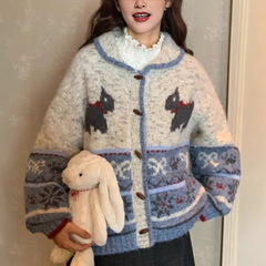 甜美风费尔岛撞色提花毛衣外套女秋冬宽松百搭软糯针织开衫女1143