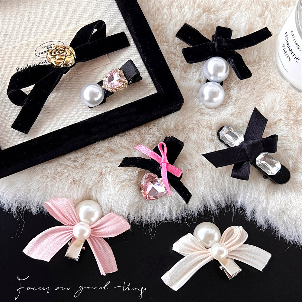 High-end Pearl Diamond Bow Hairpin New Girl's Bangs Clip Black Velvet Duckbill Clip Headdress
