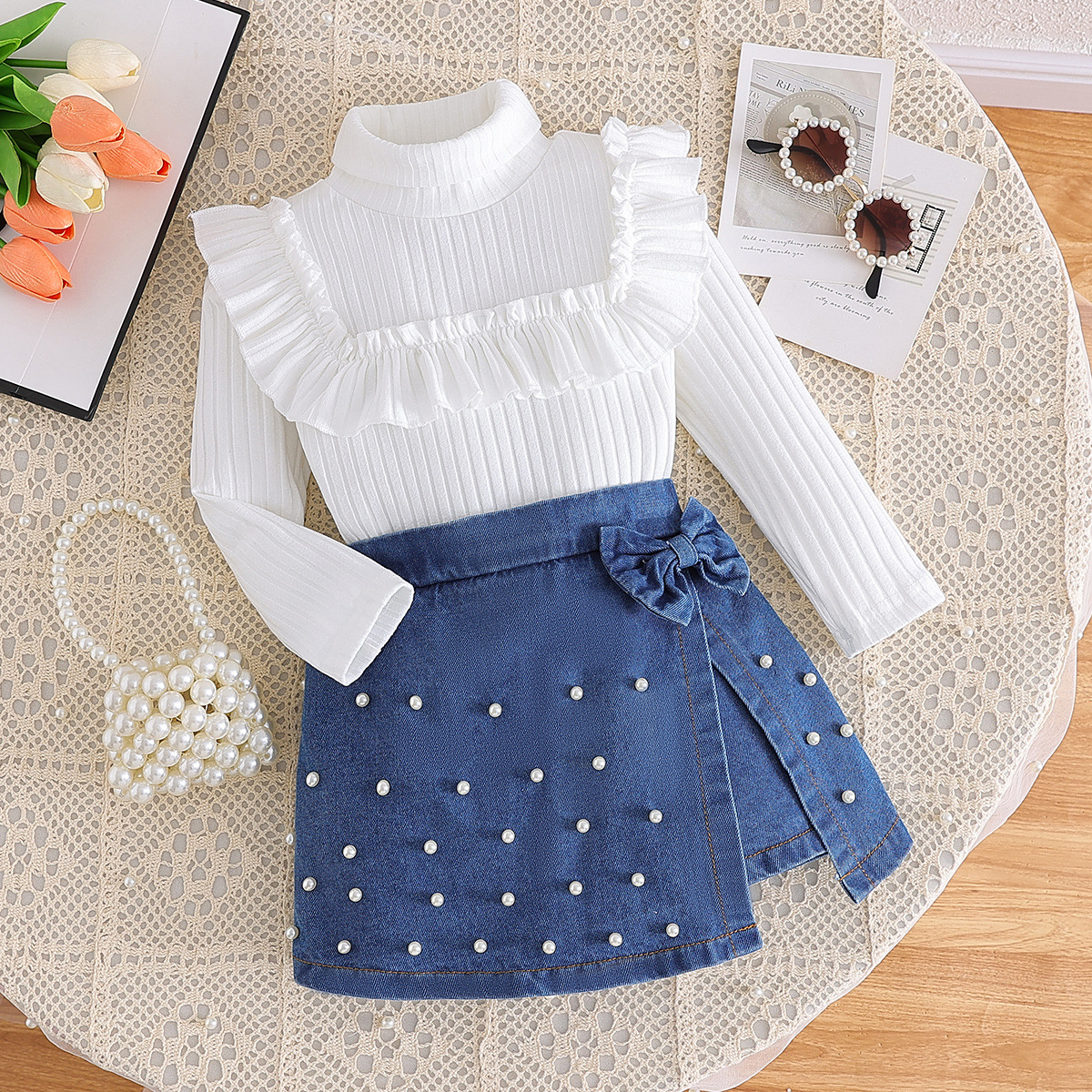 2024新款秋冬跨境婴童高领荷叶针织上衣重工牛仔珠珠裙裤套装两件