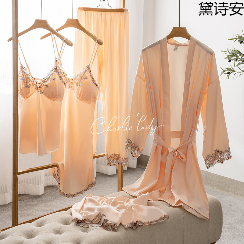 Daisian Summer Women's Sexy Thin Ice Silk Pajamas Five-Piece Set Long-Sleeved Nightgown with Suspenders and Breast Pads for Outer Wear Daisian Summer Women's Sexy Thin Ice Silk Pajamas Five-Piece Set Long-Sleeved Nightgown with Suspenders and Breast Pads for Outer Wear