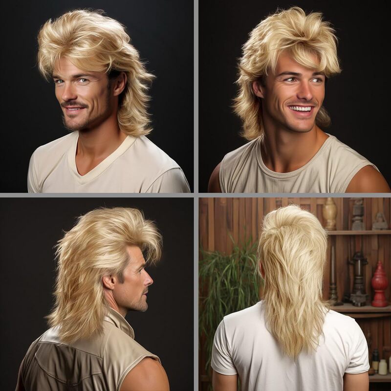 Amazon new European and American men's mullet wig 80 s fancy party dress props golden wig head