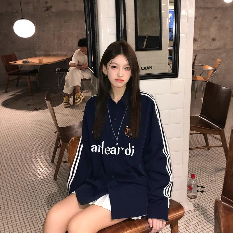 Andeardi Three-Stripe Jersey Style Long-Sleeved Shirt Women's Spring & Fall Printed Loose Sports Casual Couple Jacket