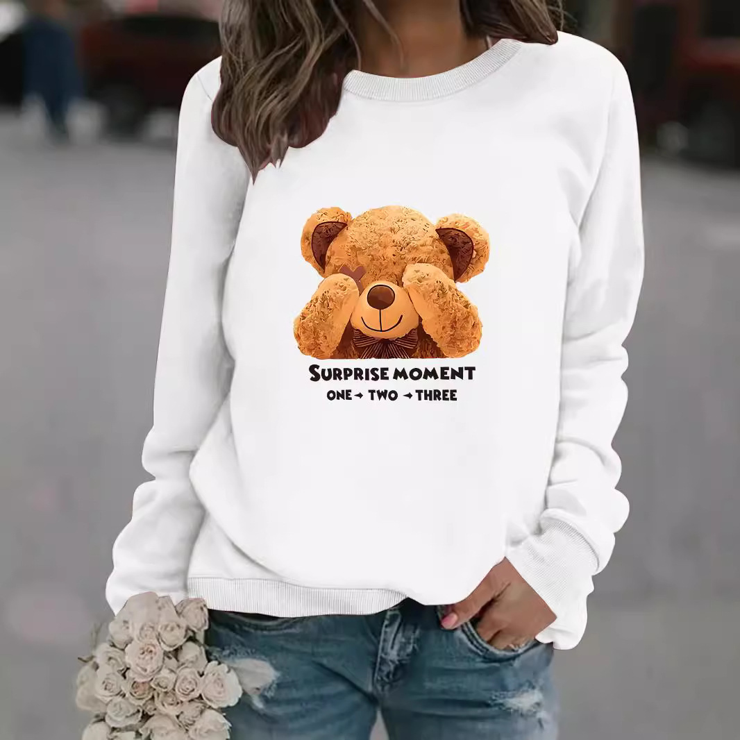 Damenbekleidung Herbst und Winter Damen lässig Langarm Rundhals Pullover mit Cartoon-Bären-Print_voghion.com