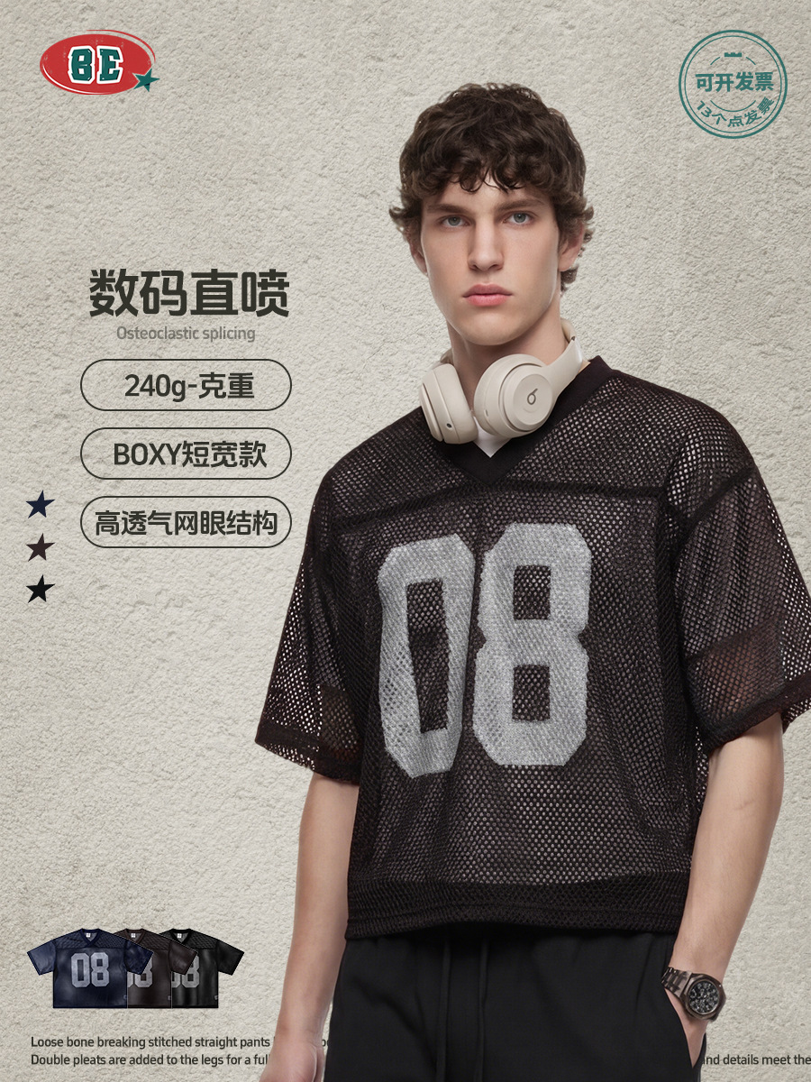 Be Hombres| Verano americano retro malla Boxy corto ancho plegable impresa camiseta de manga corta suelta chaqueta versátil hombre