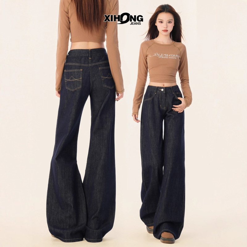 Denim-Colored, Non-Tight-Fitting, Slightly Flared Jeans for Women, 2025 Spring and Autumn New Style, Dark Blue, Low-Waisted, Loose Straight-Leg Flared Pants