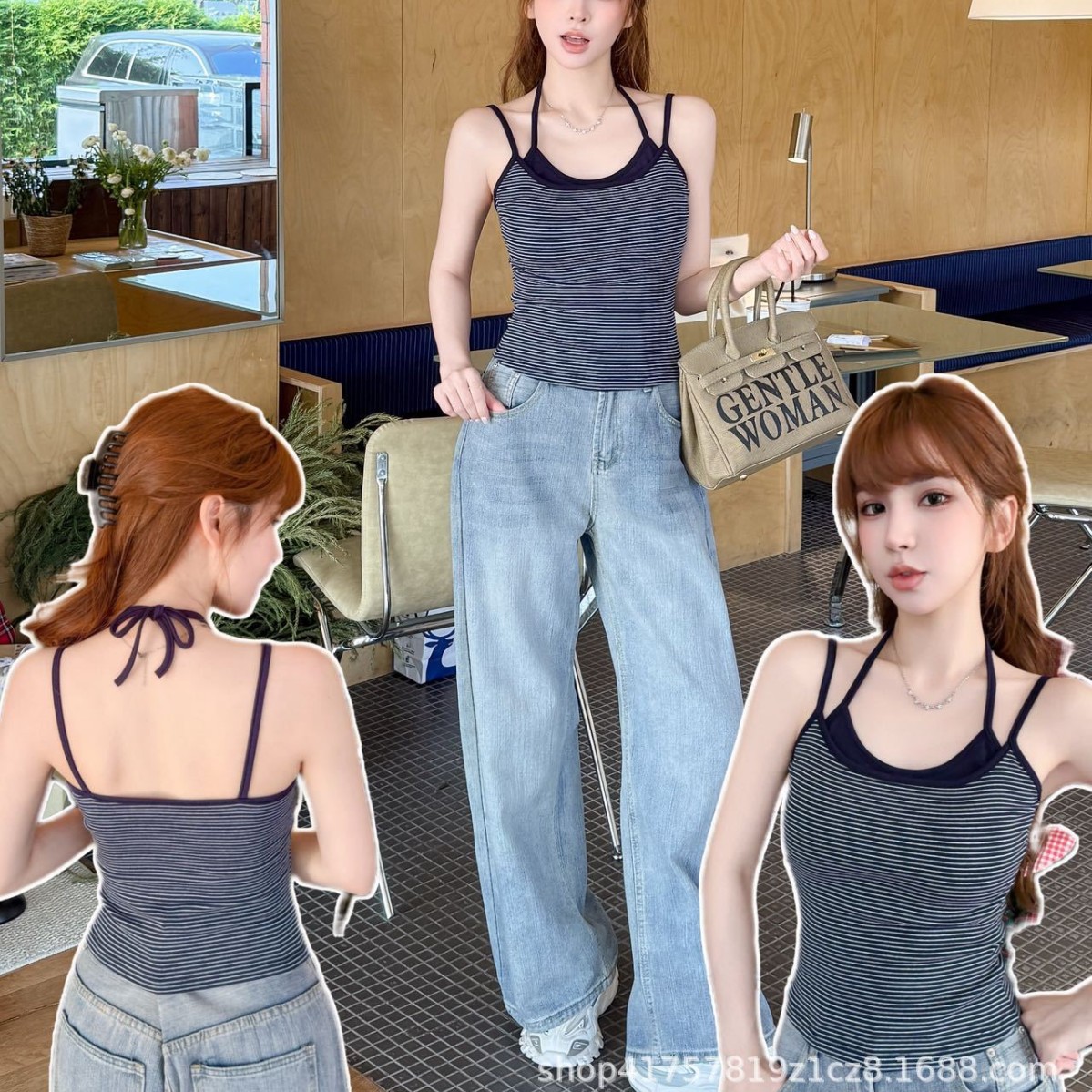 American-Style Spicy Girl Fake Two-Piece Striped Halter Top with Chest Pads, Stylish Design, Slim Fit, Suitable for Layering or Wearing Alone, Beautiful Back Tank Top for Women