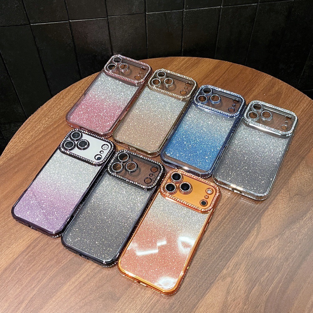 Adatto per iPhone 17 Pro Max con bordi quadrati impreziositi da diamanti, custodia glitterata sfumata per 16 Pro, 14/13, chiaro_voghion.com