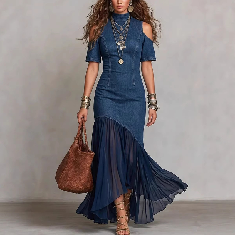 2026 Spring/Summer Cross-Border Amazon Independent Site New Style Elegant Off-Shoulder Short Sleeve French Mesh Hem Dress 2026 Spring/Summer Cross-Border Amazon Independent Site New Style Elegant Off-Shoulder Short Sleeve French Mesh Hem Dress