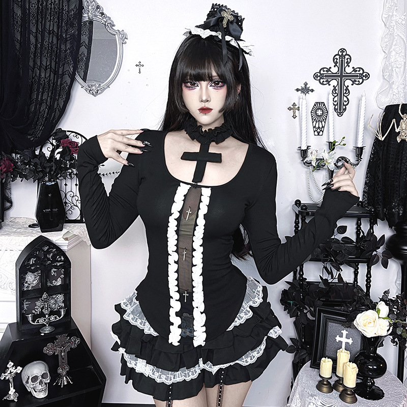 Cf25316 Autumn New Halter Cross Two-Piece Top Dark Style Fashion Versatile Slimming Shirt